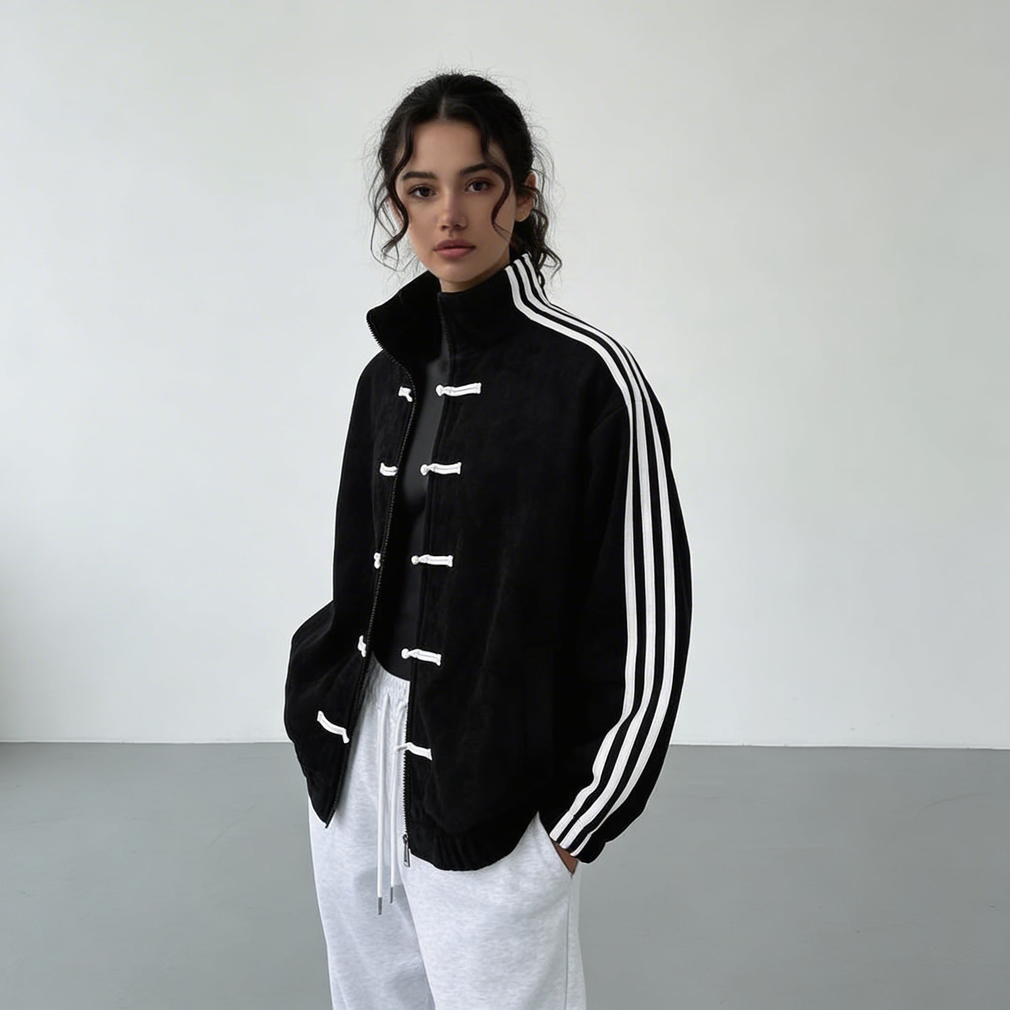 Women's Track Jacket with Button Loops and Contrast Stripes - 15