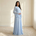 Women's Maxi Dress with Ruffle Detail and Flared Sleeves - Light Blue