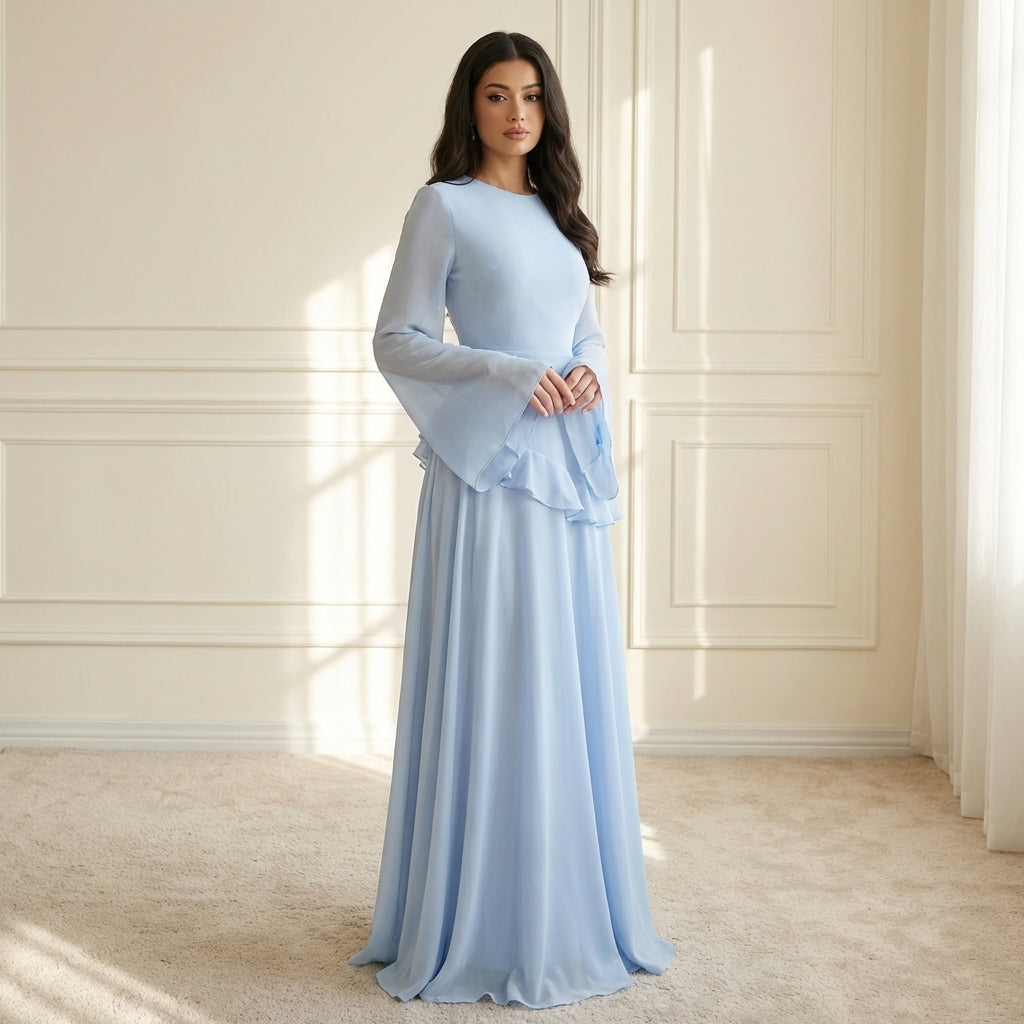 Women's Maxi Dress with Ruffle Detail and Flared Sleeves - Light Blue