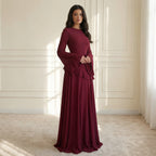 Women's Maxi Dress with Ruffle Detail and Flared Sleeves - Wine Red