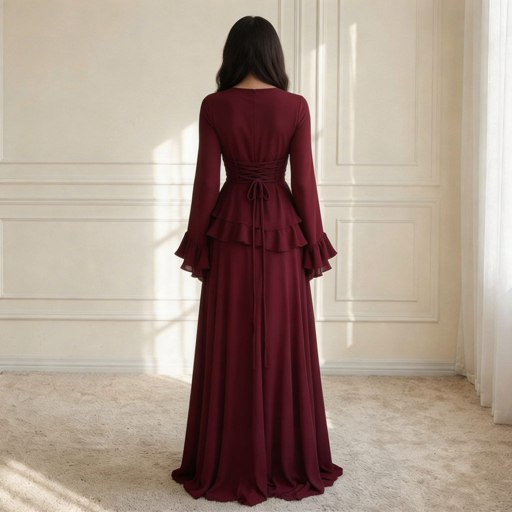 Women's Maxi Dress with Ruffle Detail and Flared Sleeves - 7