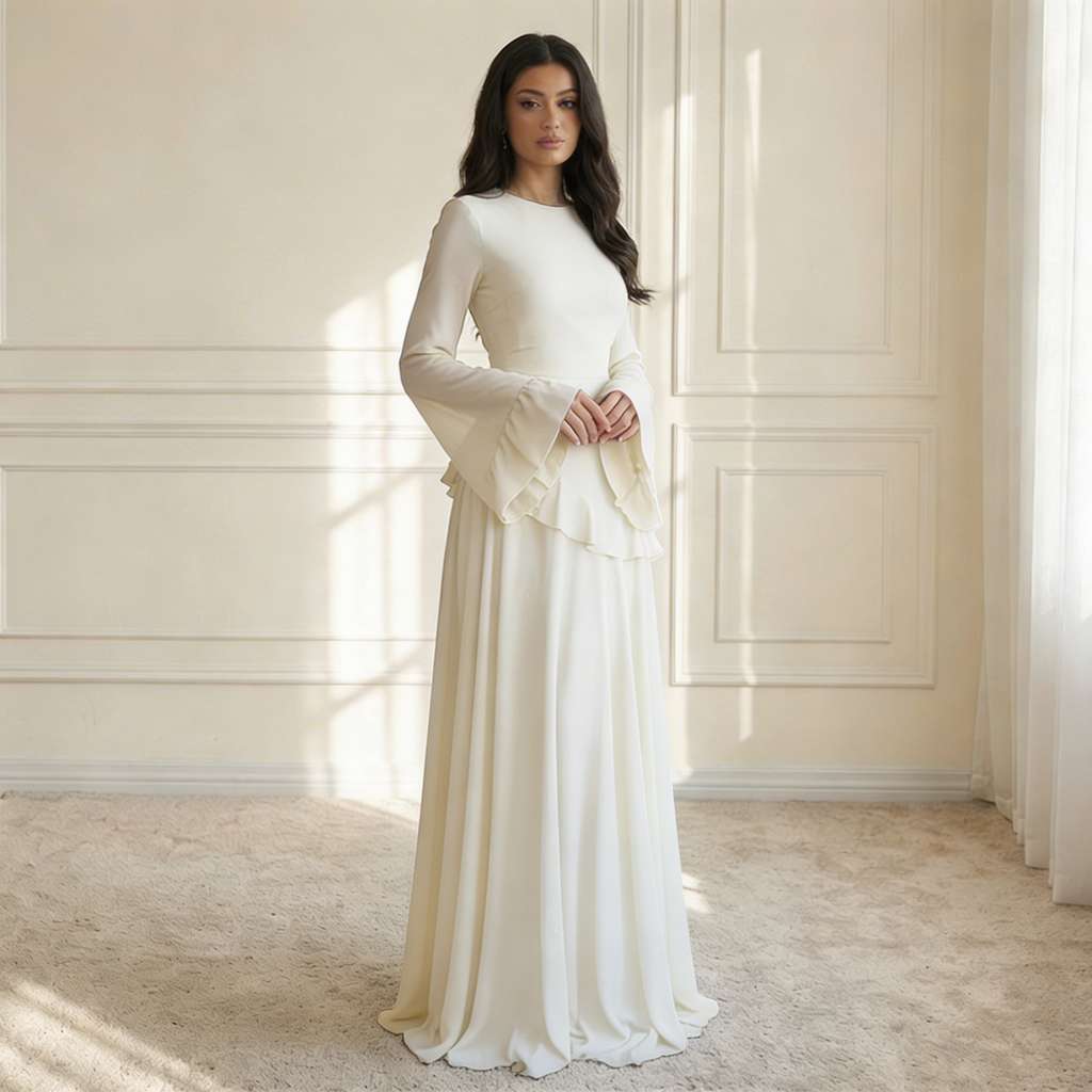 Women's Maxi Dress with Ruffle Detail and Flared Sleeves - White