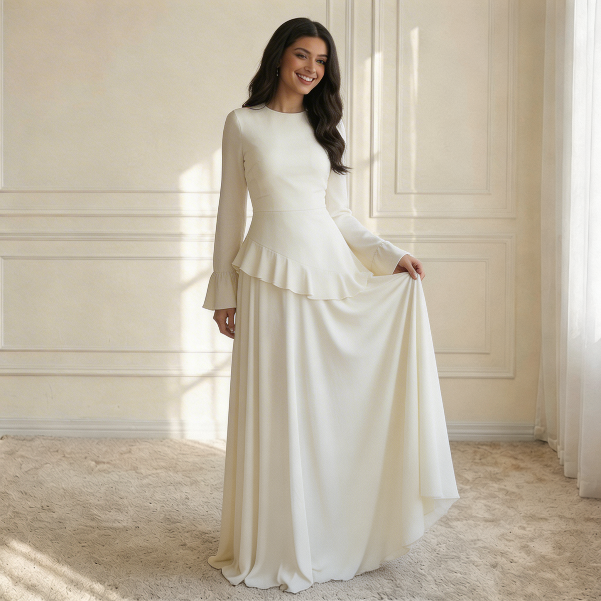 Women's Maxi Dress with Ruffle Detail and Flared Sleeves - 9