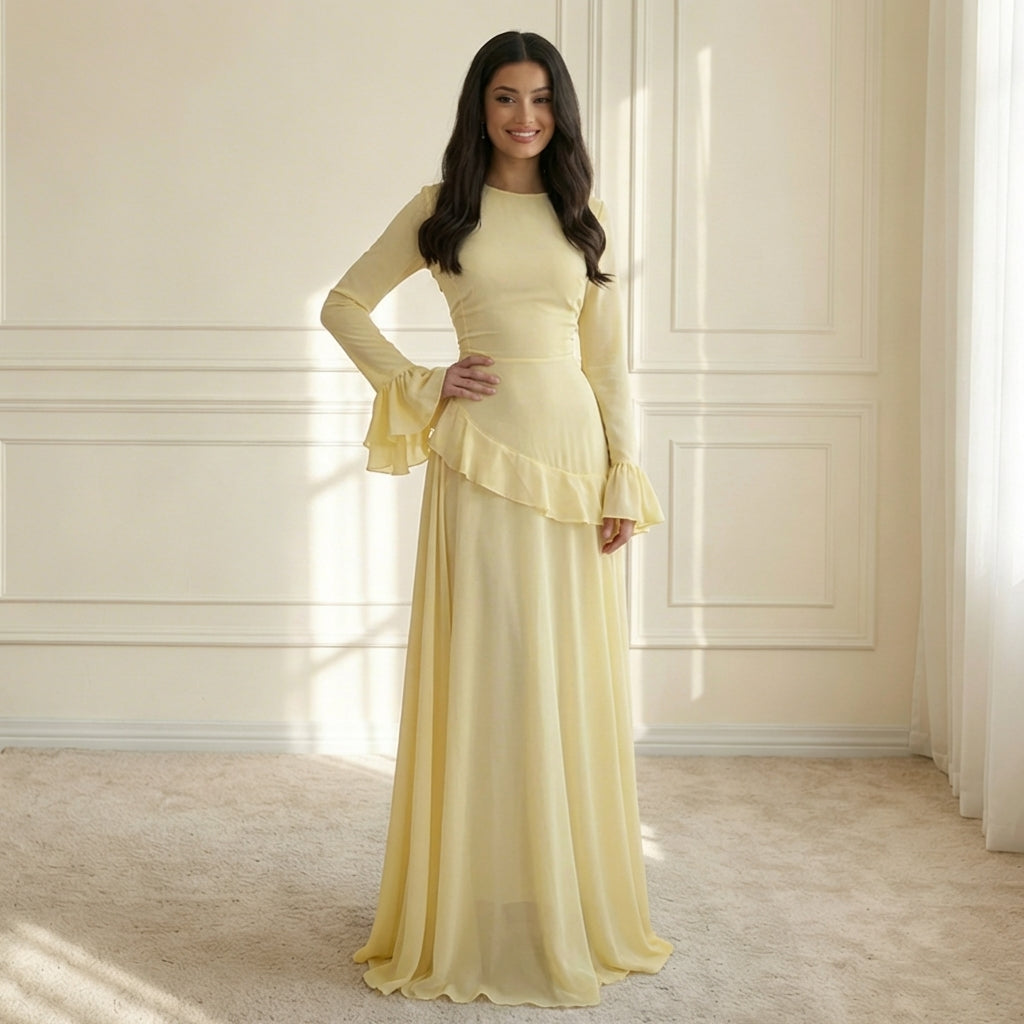 Women's Maxi Dress with Ruffle Detail and Flared Sleeves - Light Yellow