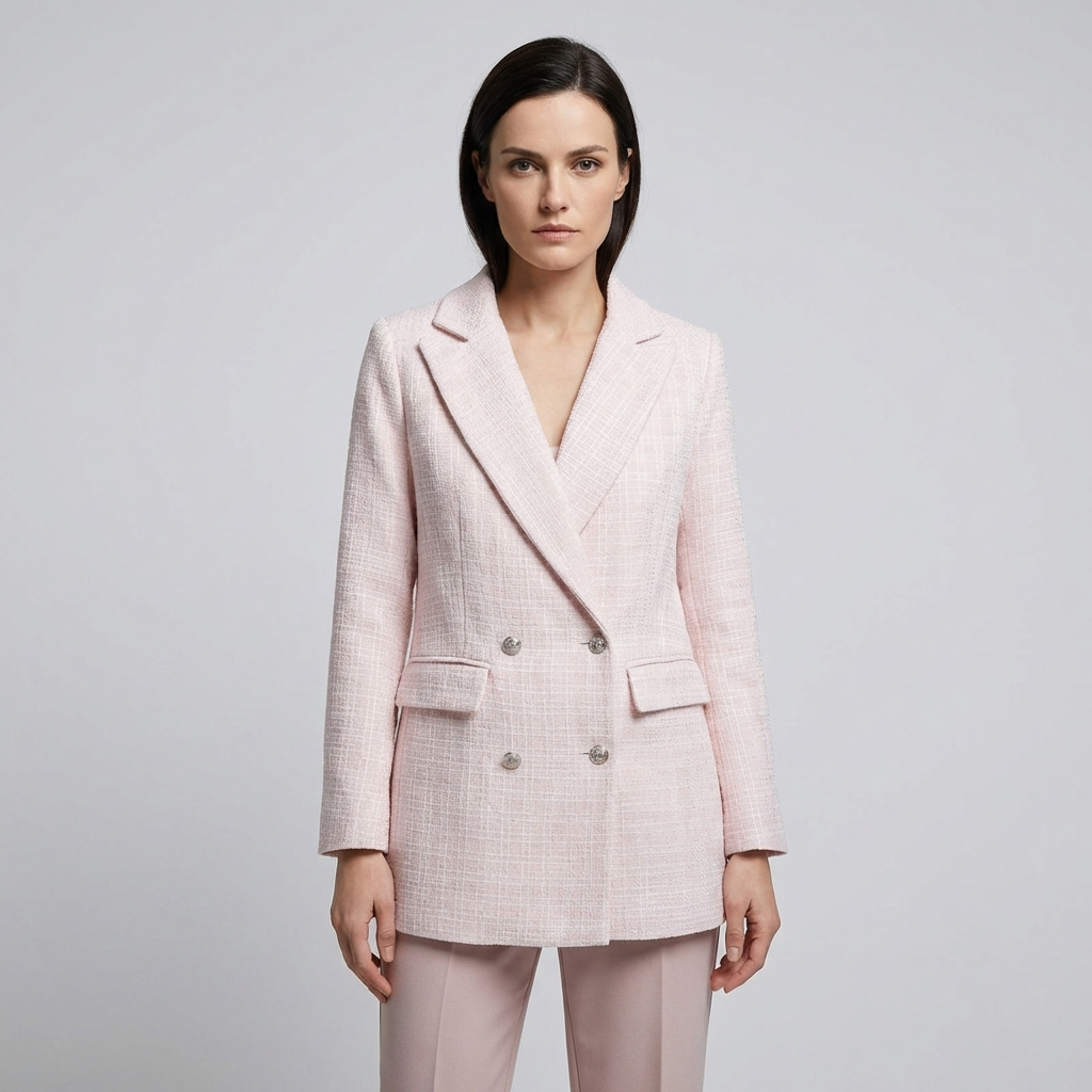 Women's Double-Breasted Tweed Blazer with Notched Lapel