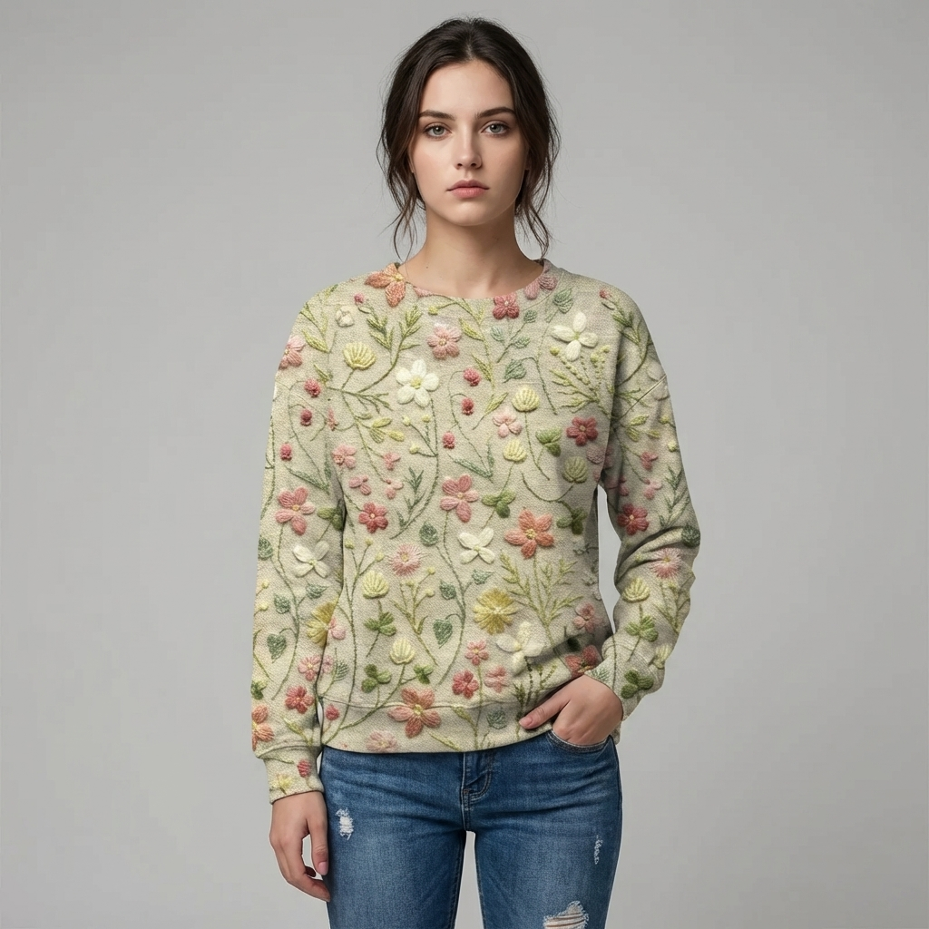 Women's Embroidered Floral Sweatshirt with Crew Neck - 2