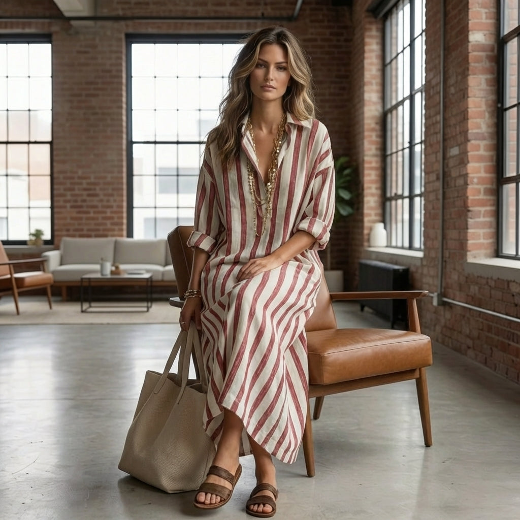 Women's Striped Maxi Dress Relaxed Fit with Collar and Long Sleeves - 11