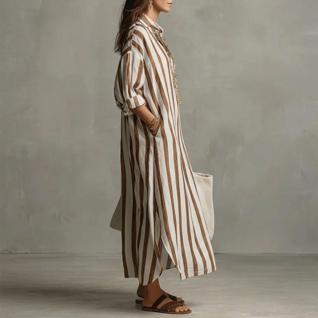 Women's Striped Maxi Dress Relaxed Fit with Collar and Long Sleeves - 5