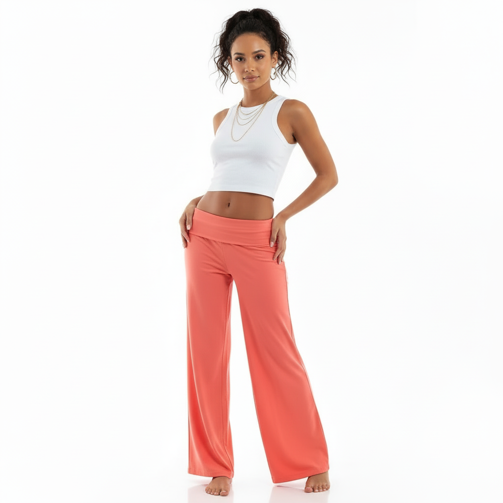 Women's Wide Leg Trousers with High Elastic Waistband - 4
