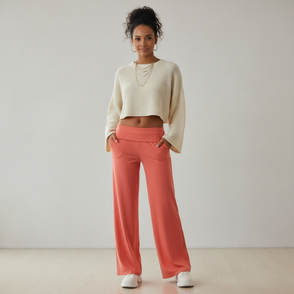 Women's Wide Leg Trousers with High Elastic Waistband - 2