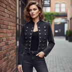 Women's Military Style Denim Jacket with Decorative Buttons - 4