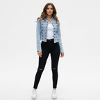 Women's Military Style Denim Jacket with Decorative Buttons - 3