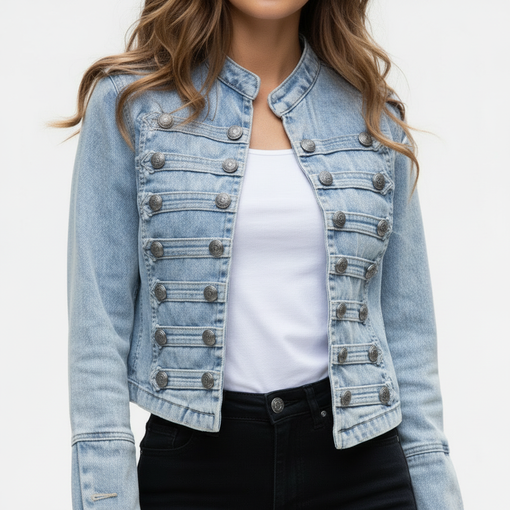 Women's Military Style Denim Jacket with Decorative Buttons - 2