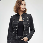 Women's Military Style Denim Jacket with Decorative Buttons - 5
