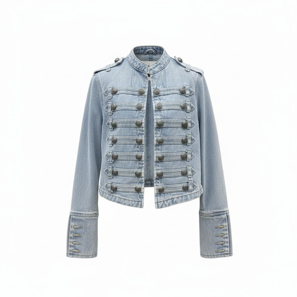 Women's Military Style Denim Jacket with Decorative Buttons - Light Blue