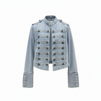 Women's Military Style Denim Jacket with Decorative Buttons - Light Blue