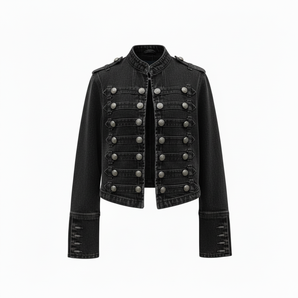Women's Military Style Denim Jacket with Decorative Buttons - Black