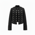 Women's Military Style Denim Jacket with Decorative Buttons - Black