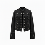 Women's Military Style Denim Jacket with Decorative Buttons - Black