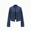 Women's Military Style Denim Jacket with Decorative Buttons - Dark Blue