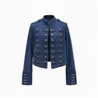 Women's Military Style Denim Jacket with Decorative Buttons - Dark Blue
