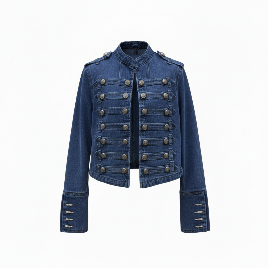 Women's Military Style Denim Jacket with Decorative Buttons - Dark Blue