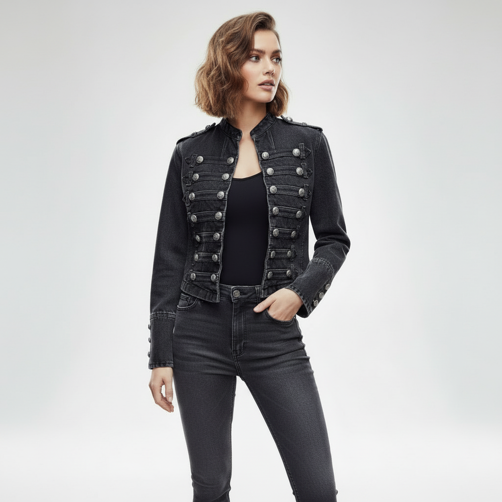 Women's Military Style Denim Jacket with Decorative Buttons - 6
