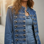 Women's Military Style Denim Jacket with Decorative Buttons - 8