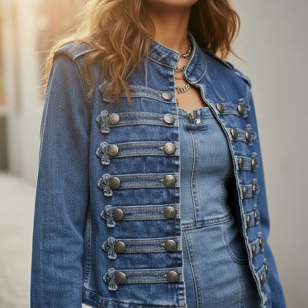 Women's Military Style Denim Jacket with Decorative Buttons - 8