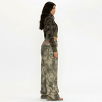 Women's Wide Leg Jeans with Camo Print and Embroidery - 5