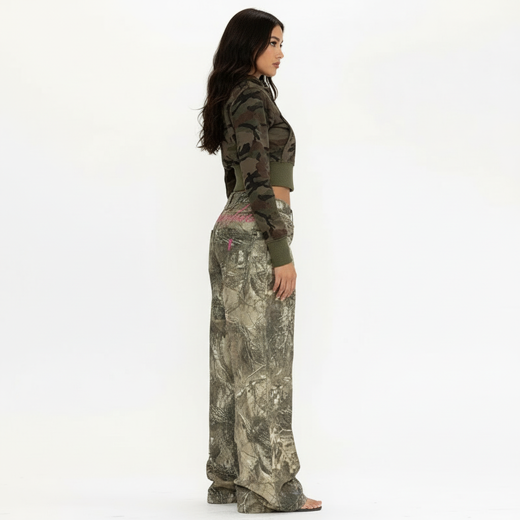 Women's Wide Leg Jeans with Camo Print and Embroidery - 5