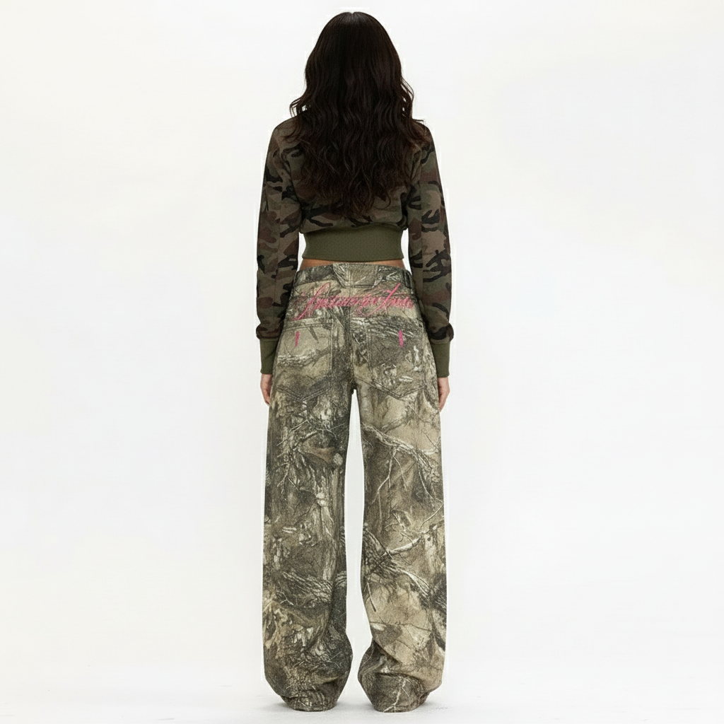 Women's Wide Leg Jeans with Camo Print and Embroidery - 7