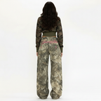 Women's Wide Leg Jeans with Camo Print and Embroidery - 7