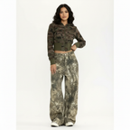 Women's Wide Leg Jeans with Camo Print and Embroidery - 2