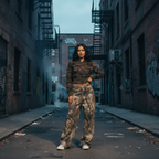 Women's Wide Leg Jeans with Camo Print and Embroidery - 3