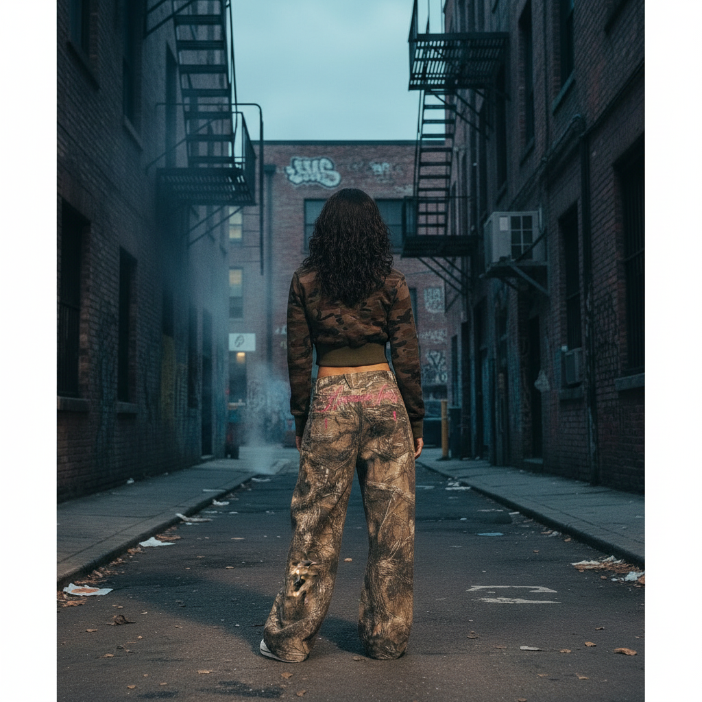 Women's Wide Leg Jeans with Camo Print and Embroidery - 8
