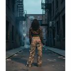 Women's Wide Leg Jeans with Camo Print and Embroidery - 8