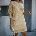 Women's Sequin Off-Shoulder Mini Dress with Long Sleeves - Gold