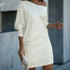 Women's Sequin Off-Shoulder Mini Dress with Long Sleeves - Apricot