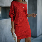 Women's Sequin Off-Shoulder Mini Dress with Long Sleeves - Red
