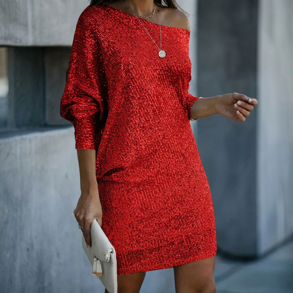 Women's Sequin Off-Shoulder Mini Dress with Long Sleeves - Red