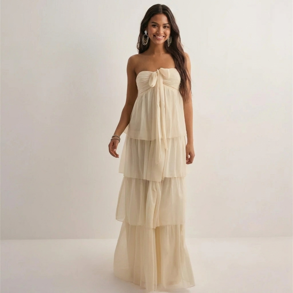 Women's Strapless Maxi Dress with Tiered Skirt and Bow Detail - 2