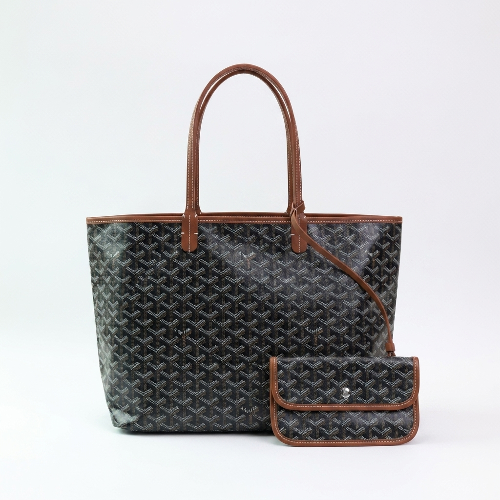 Women's Tote Bag with Matching Pouch - Black / Brown (Medium)