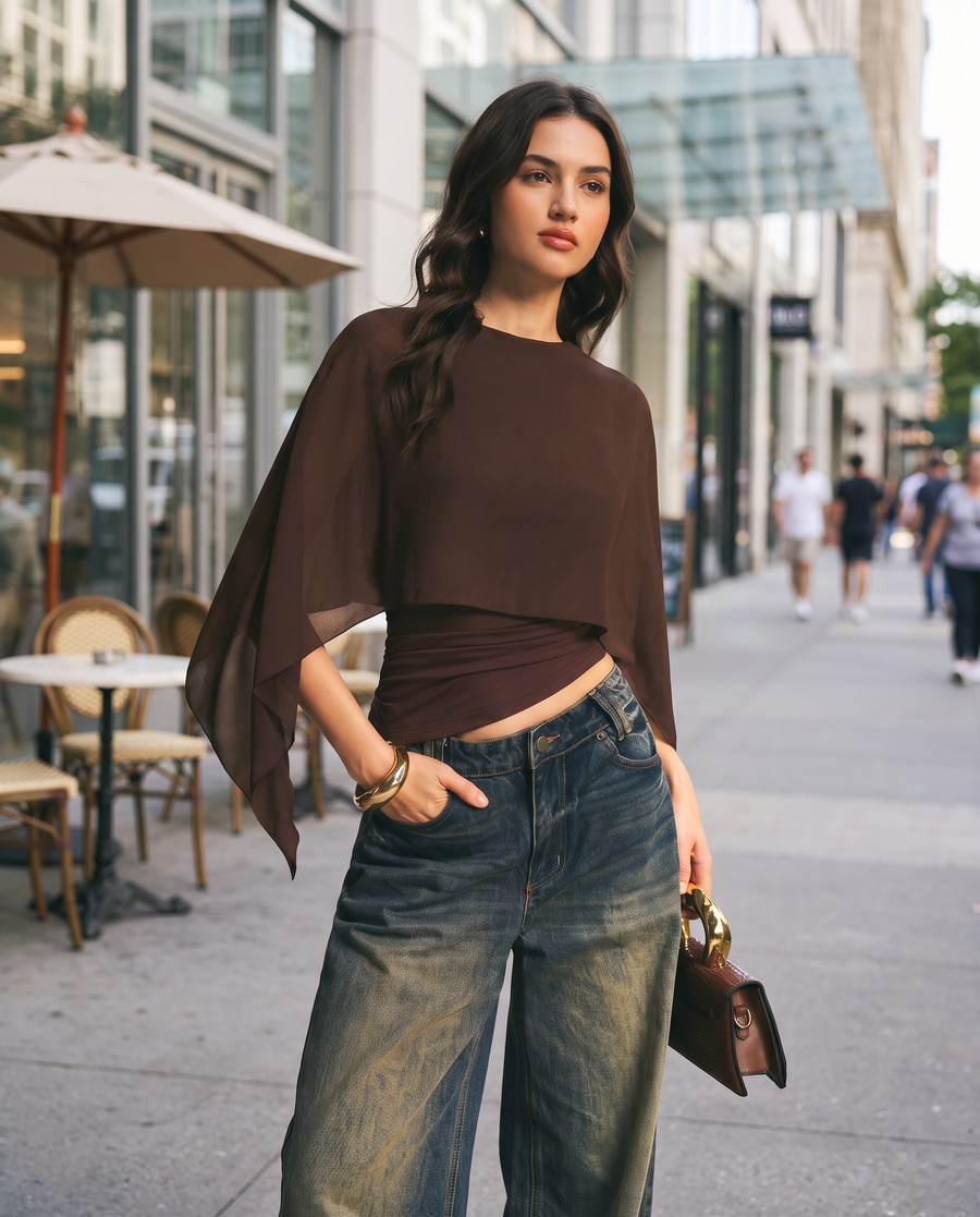 Women's Batwing Cape Sleeve Ruched Crop Blouse