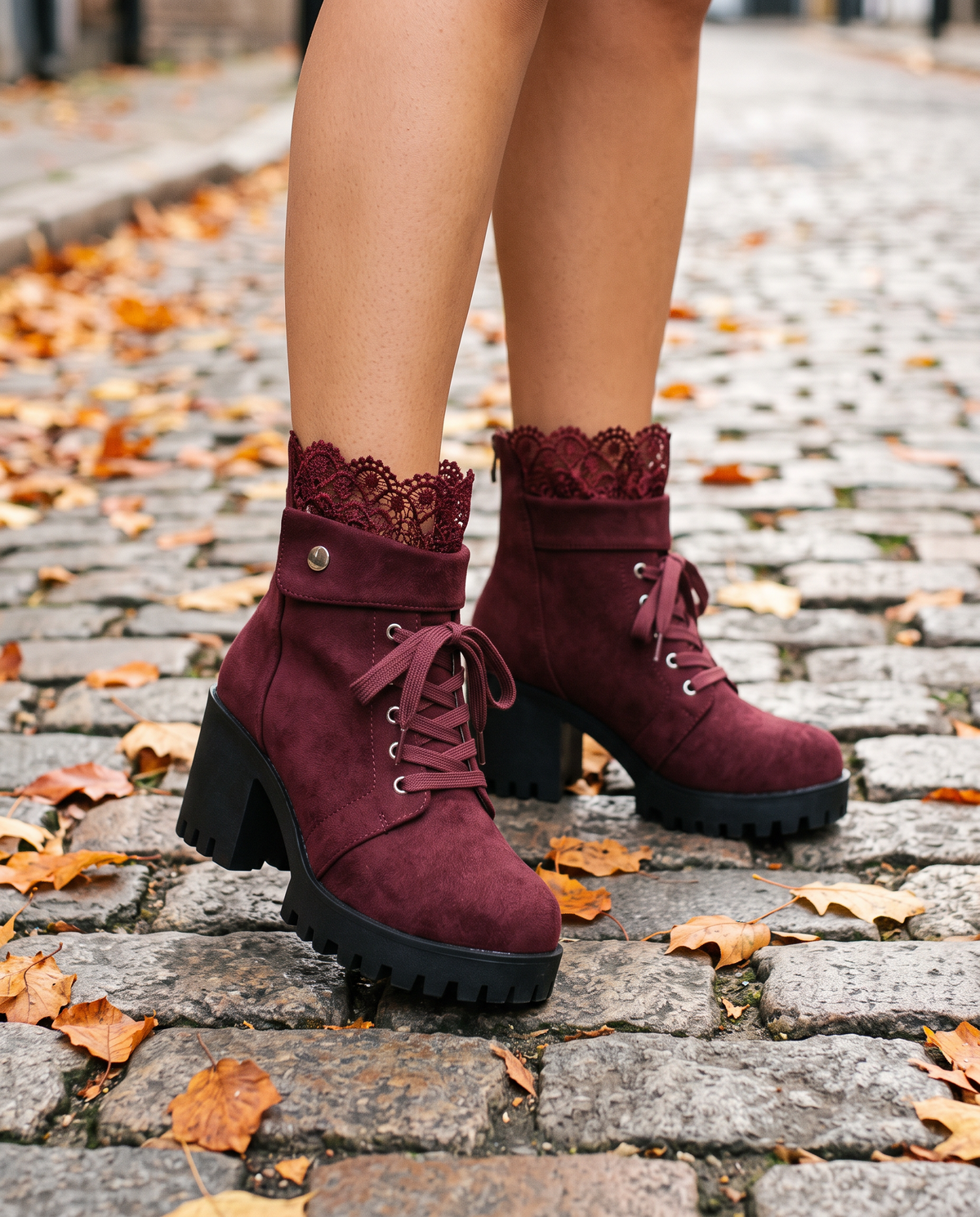 Women's Lace Up Ankle Boots with Decorative Lace Trim and Block Heel