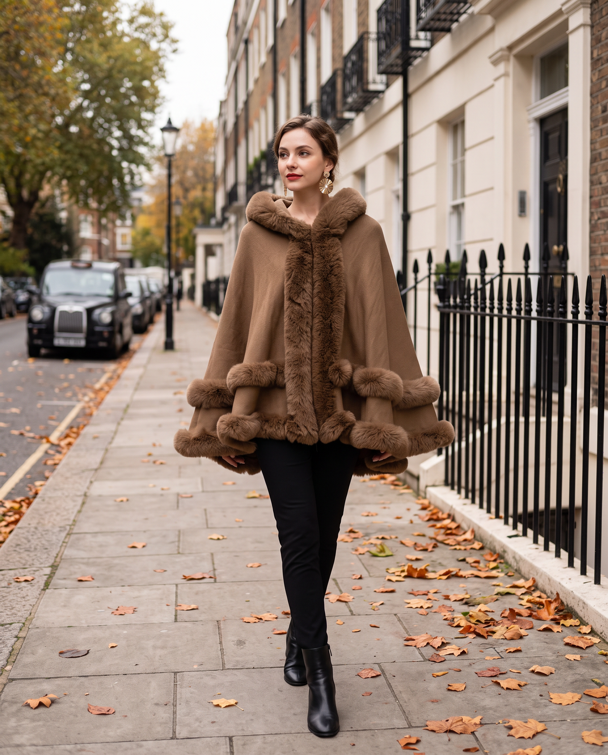 Women's Faux Fur Trim Hooded Knit Cape Coat