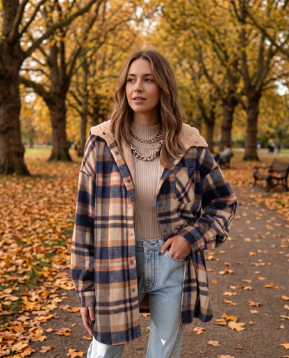 Women's Flannel Hooded Check Shacket Fleece Lined Coat