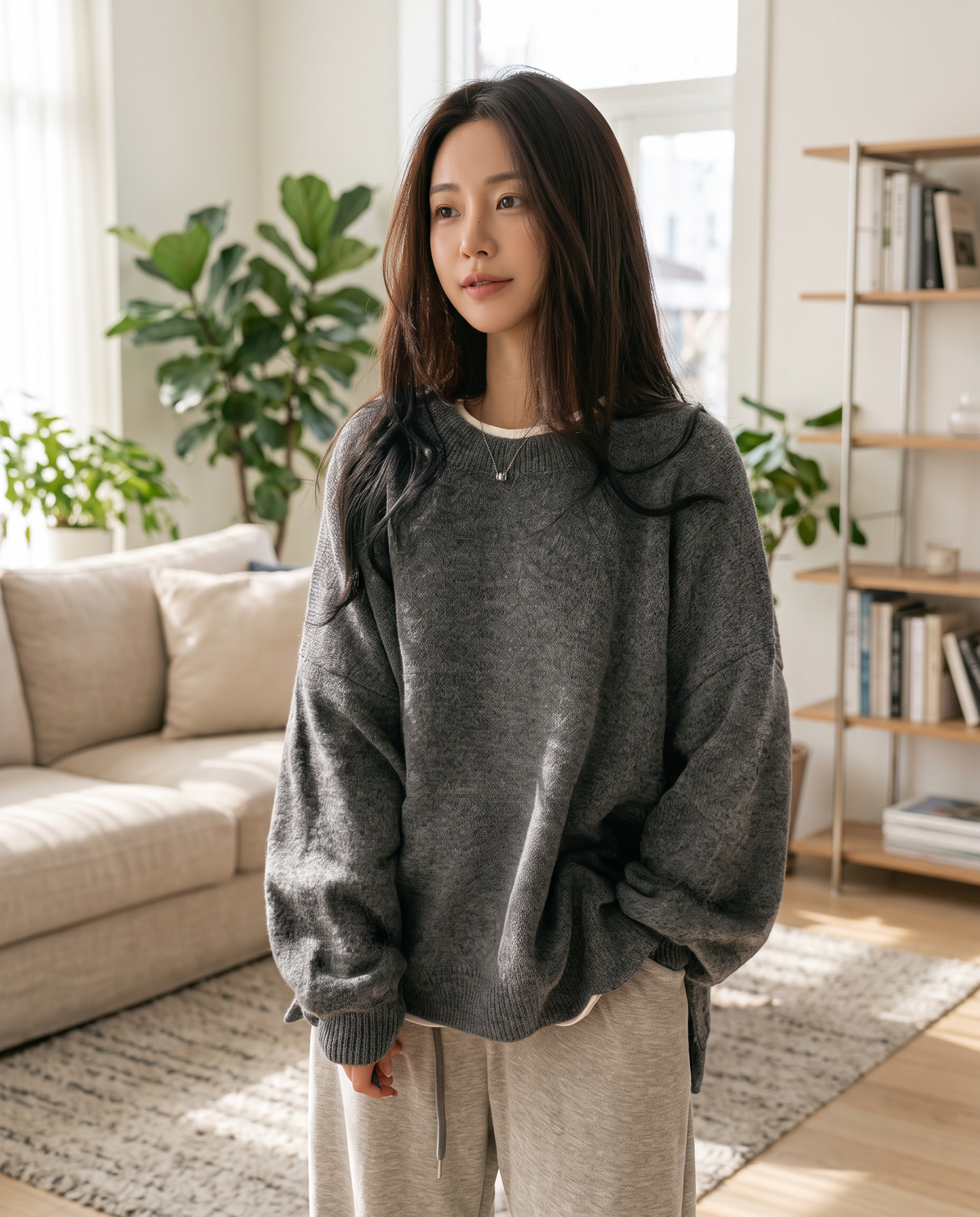 Women's Drop Shoulder Split Hem Round Neck Jumper