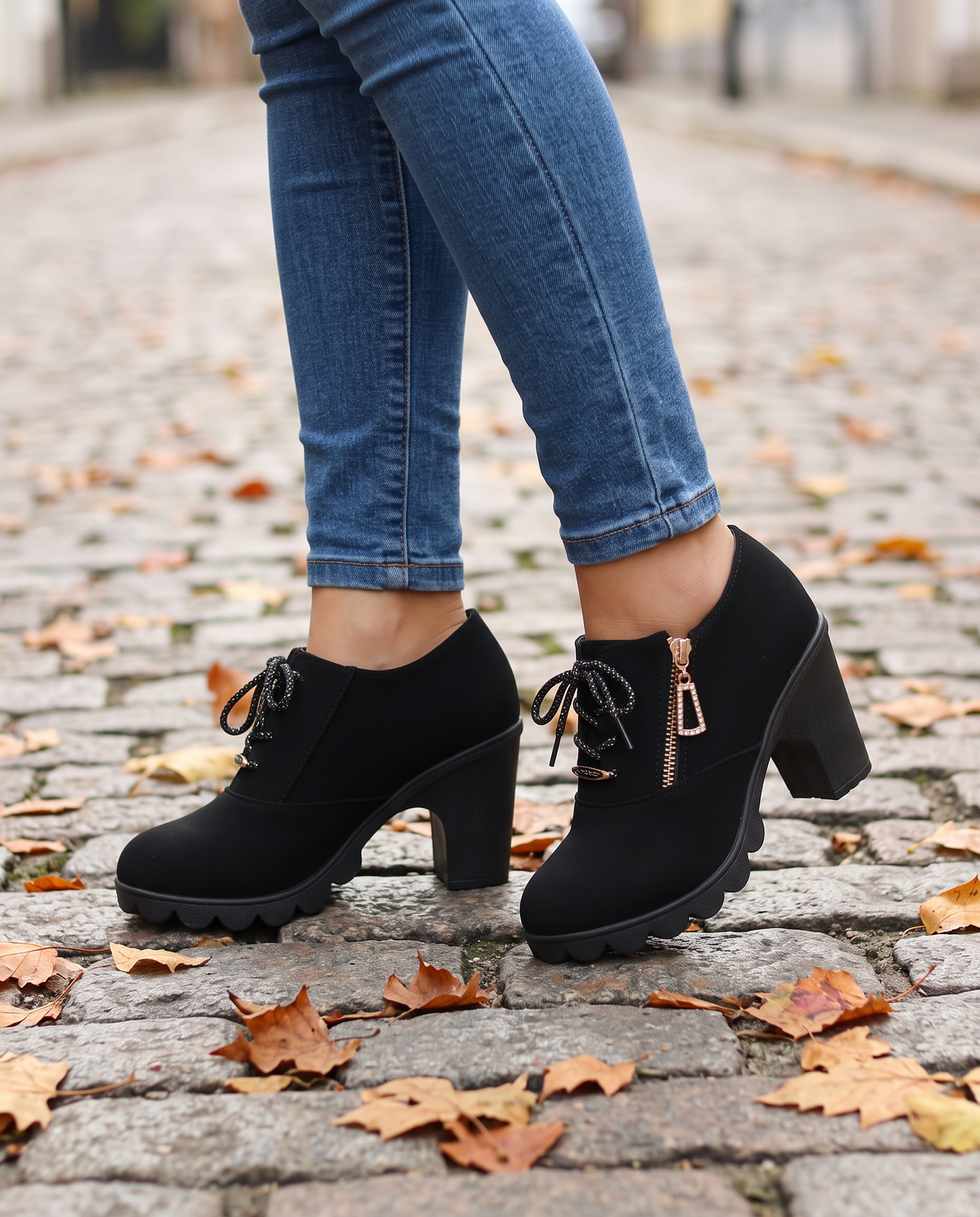 Women's Block Heel Ankle Boots Lace-Up with Side Zip