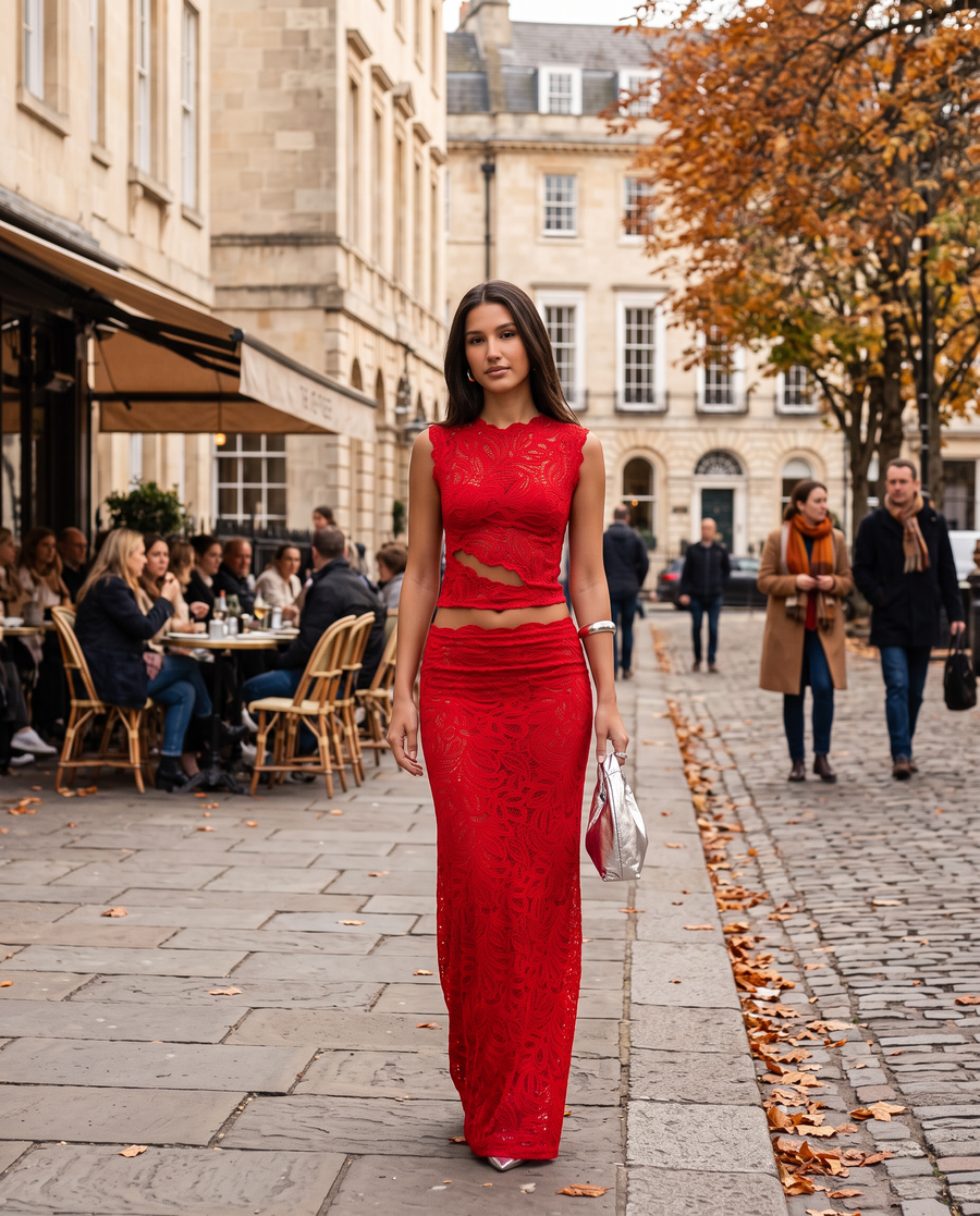 Women's Lace Co-Ord Set Sleeveless Crop Top and Maxi Skirt